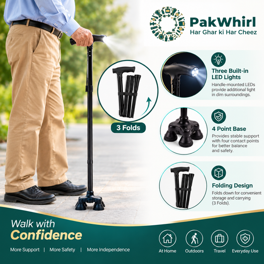 A promotional infographic for the PakWhirl walking cane, showing a man holding the cane outdoors alongside feature callouts for three built-in LED lights, a 4-point base, and a folding design. The image includes the PakWhirl brand logo and marketing text.