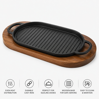 Presto Cast Iron Sizzler Tray with Wooden Base – Medium & Large