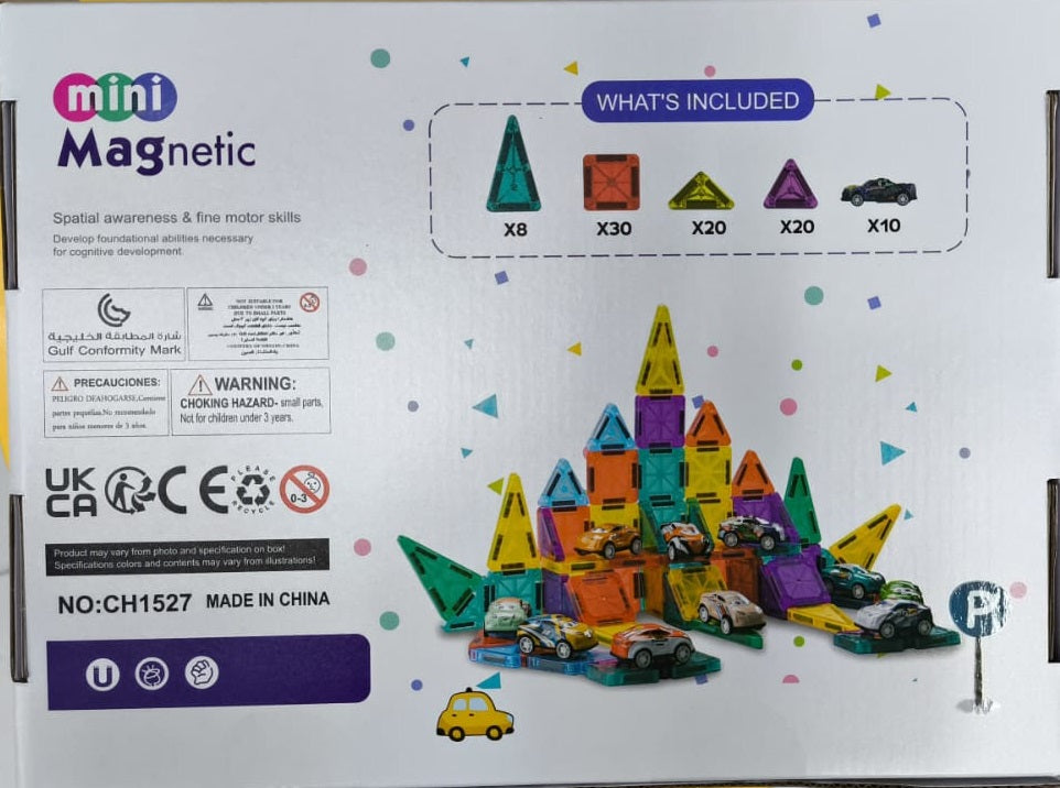 Back of 88-piece mini magnetic building blocks box showing included shapes and 10 toy cars