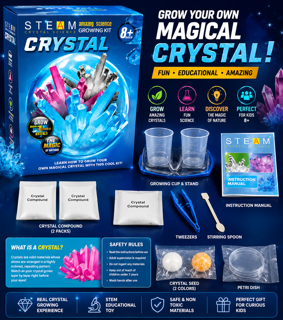 STEAM Crystal Science Growing Kit – complete kit contents including crystal compounds, seeds, growing cup, tweezers, stirring spoon, petri dish and instruction manual