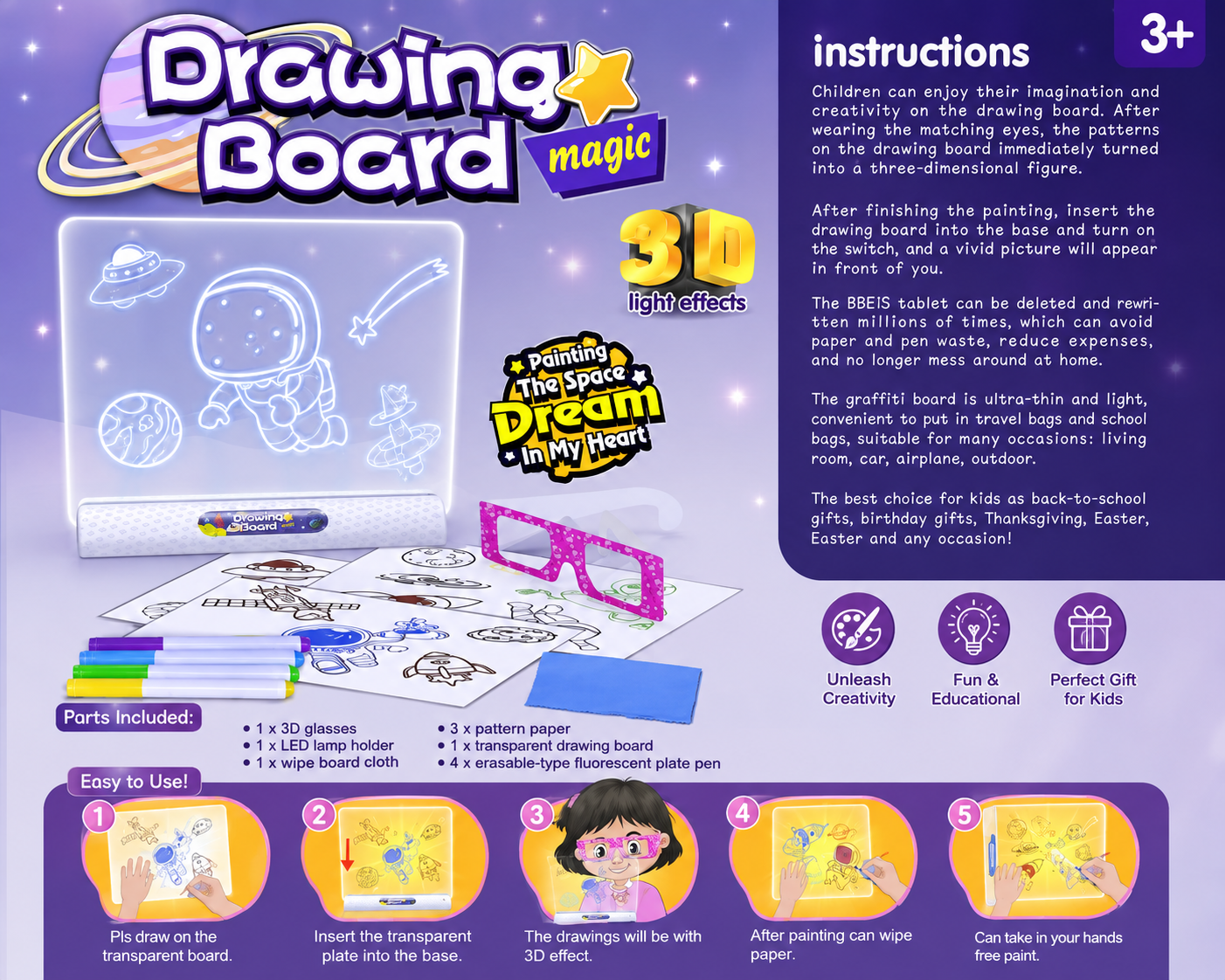 Drawing Board Magic 3D kids light drawing tablet with 3D glasses, LED base, fluorescent pens and pattern papers