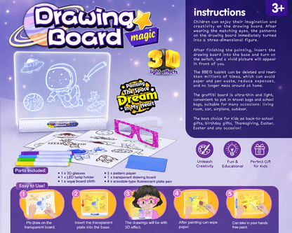 Drawing Board Magic 3D kids light drawing tablet with 3D glasses, LED base, fluorescent pens and pattern papers