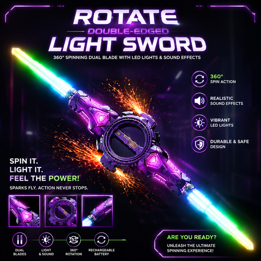 Rotate Double-Edged Light Sword – 360° Spinning Dual Blade with LED Lights, Sound Effects & Real Sparks