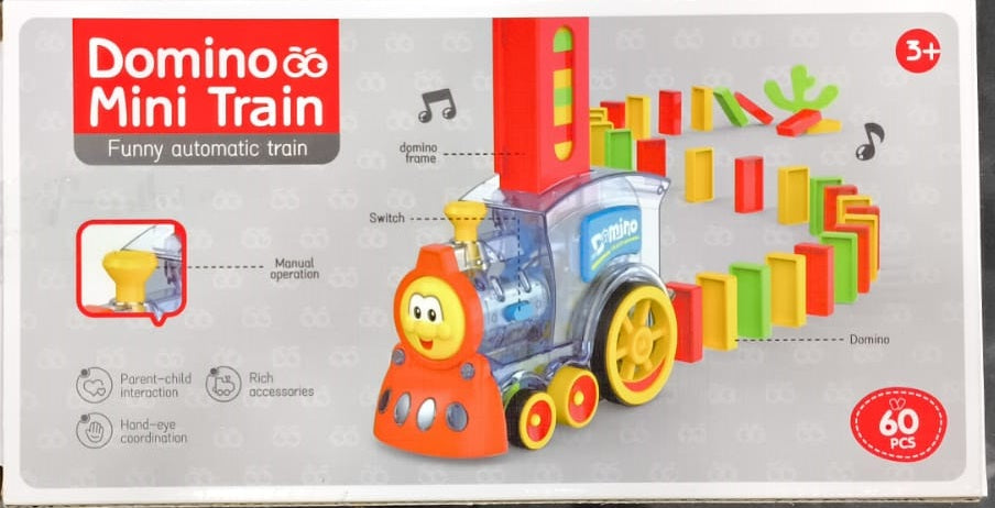 Domino Mini Train toy packaging showing a colourful domino-laying train, 60-piece set and ages 5+ marking