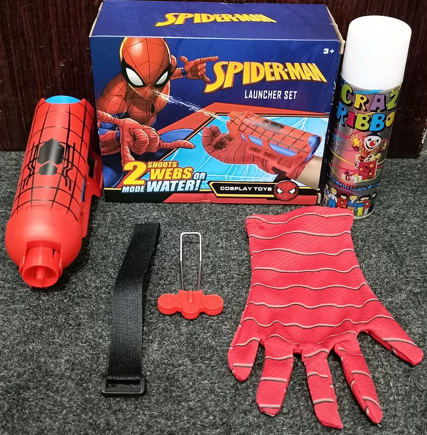 Spider-Man Web Launcher Cosplay Set with glove, wrist shooter, crazy ribbon spray, adjustable strap and connector piece