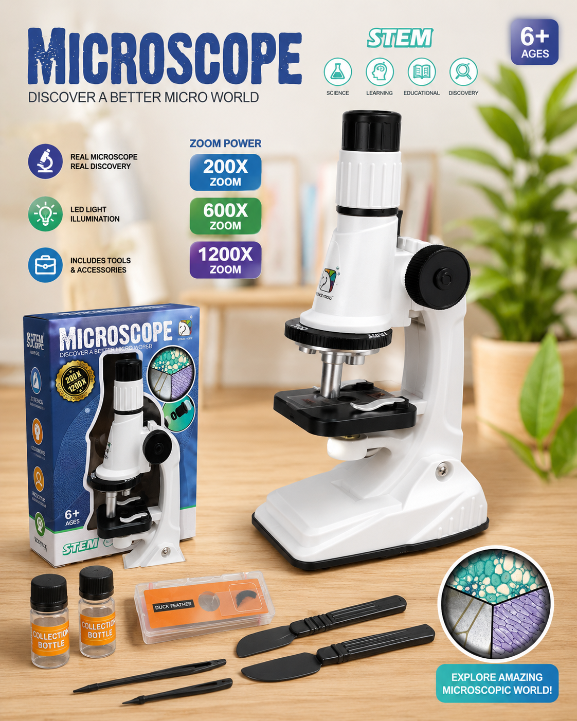Educational Microscope for Kids - 200X 600X 1200X Magnification STEM Learning Toy