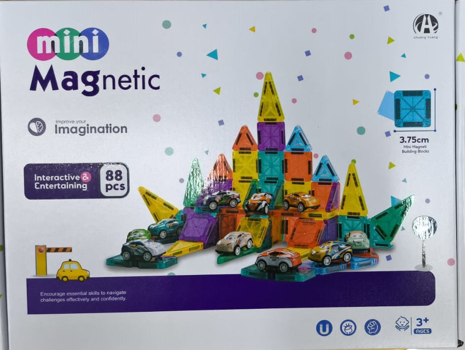 Front of 88-piece mini magnetic building blocks and toy cars set showing colourful castle build