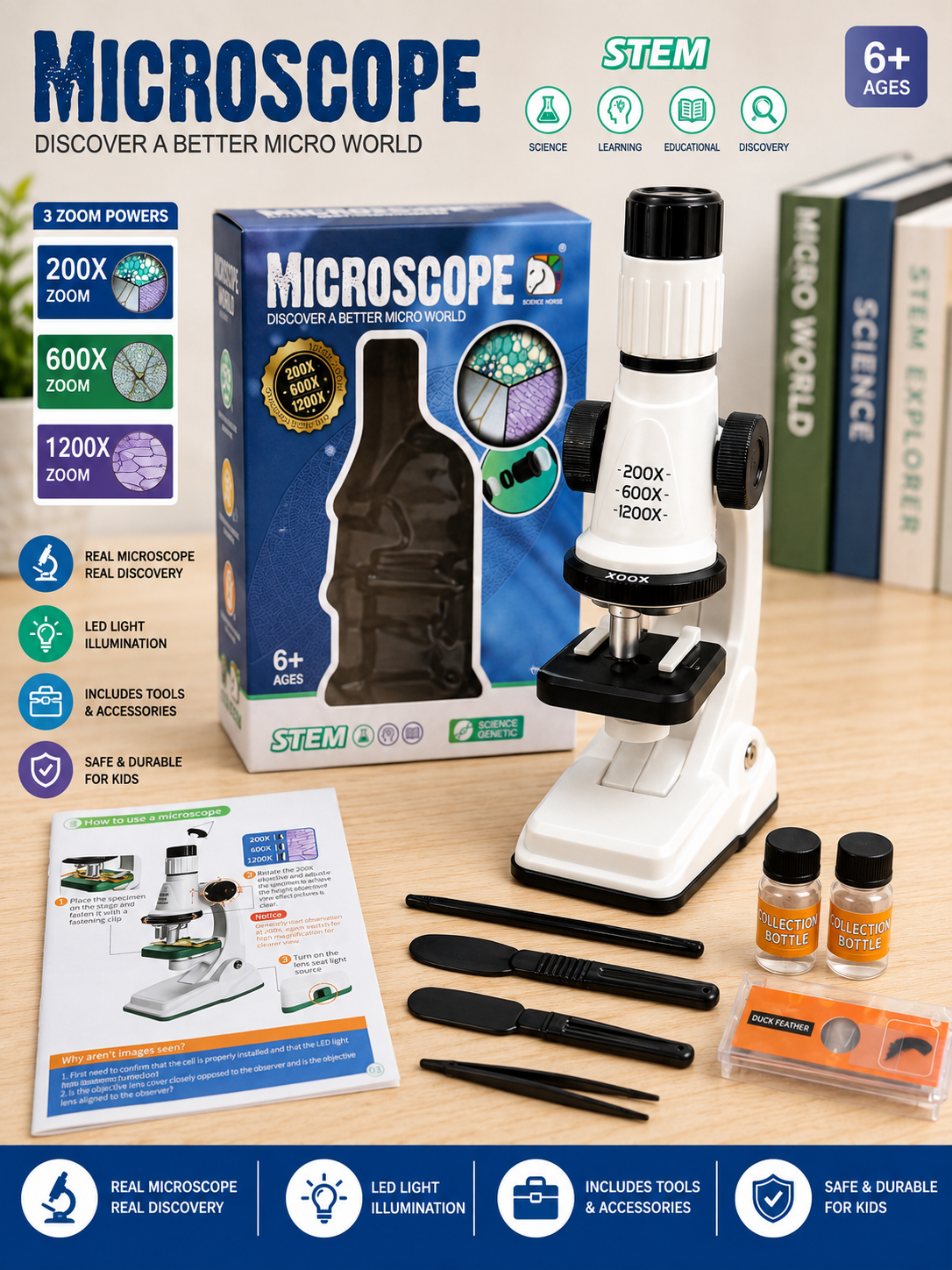 Educational Microscope for Kids - 200X 600X 1200X Magnification STEM Learning Toy
