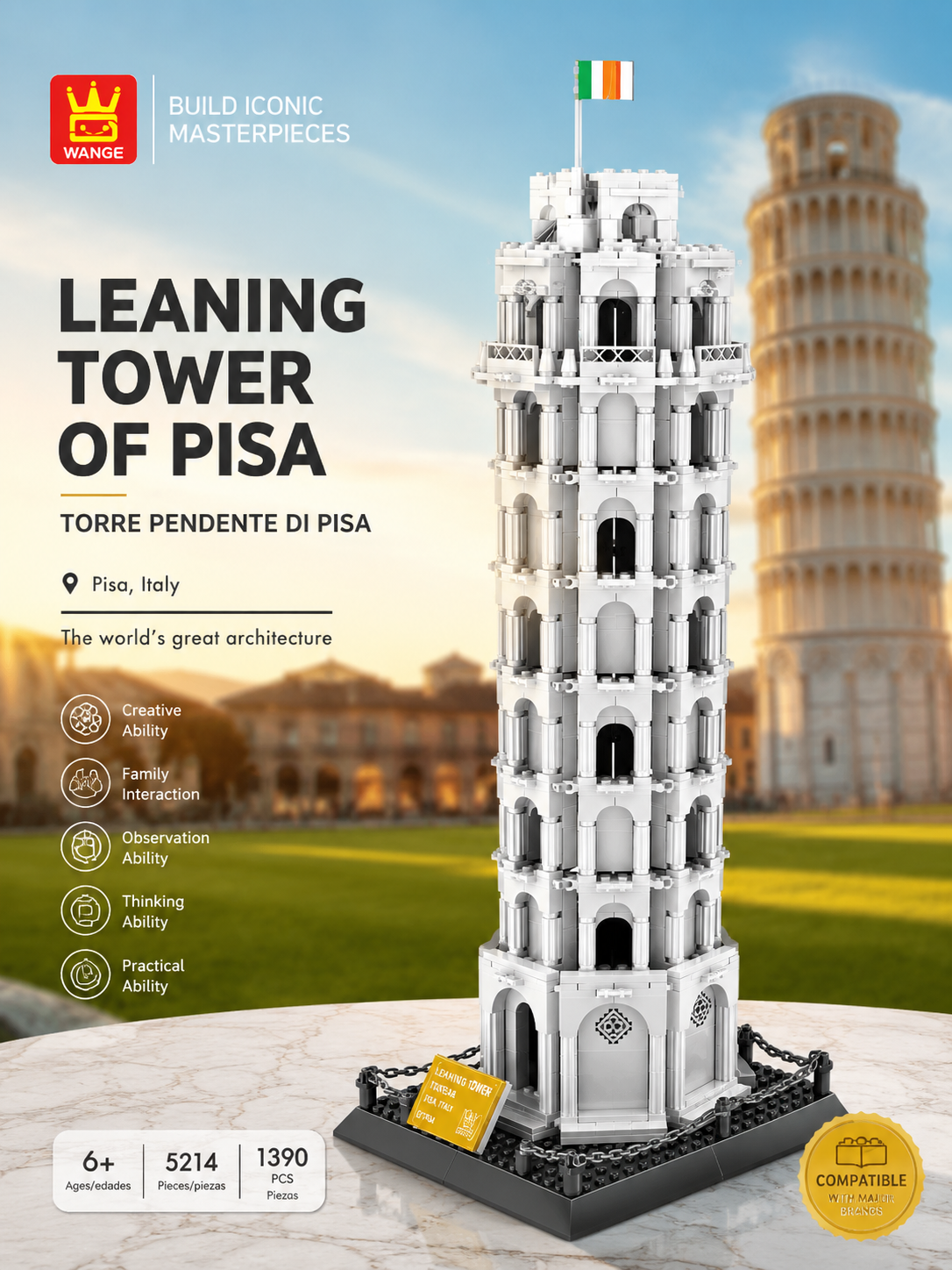 WANGE Leaning Tower of Pisa 1390 PCS Building Blocks Set – Torre Pendente di Pisa model kit for ages 6 and up