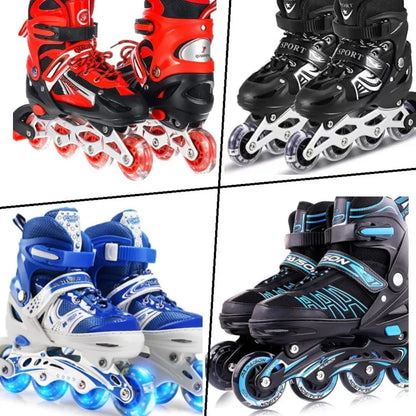 Adjustable inline roller skates for kids and teenagers shown in red, black, blue, and turquoise colour combinations.