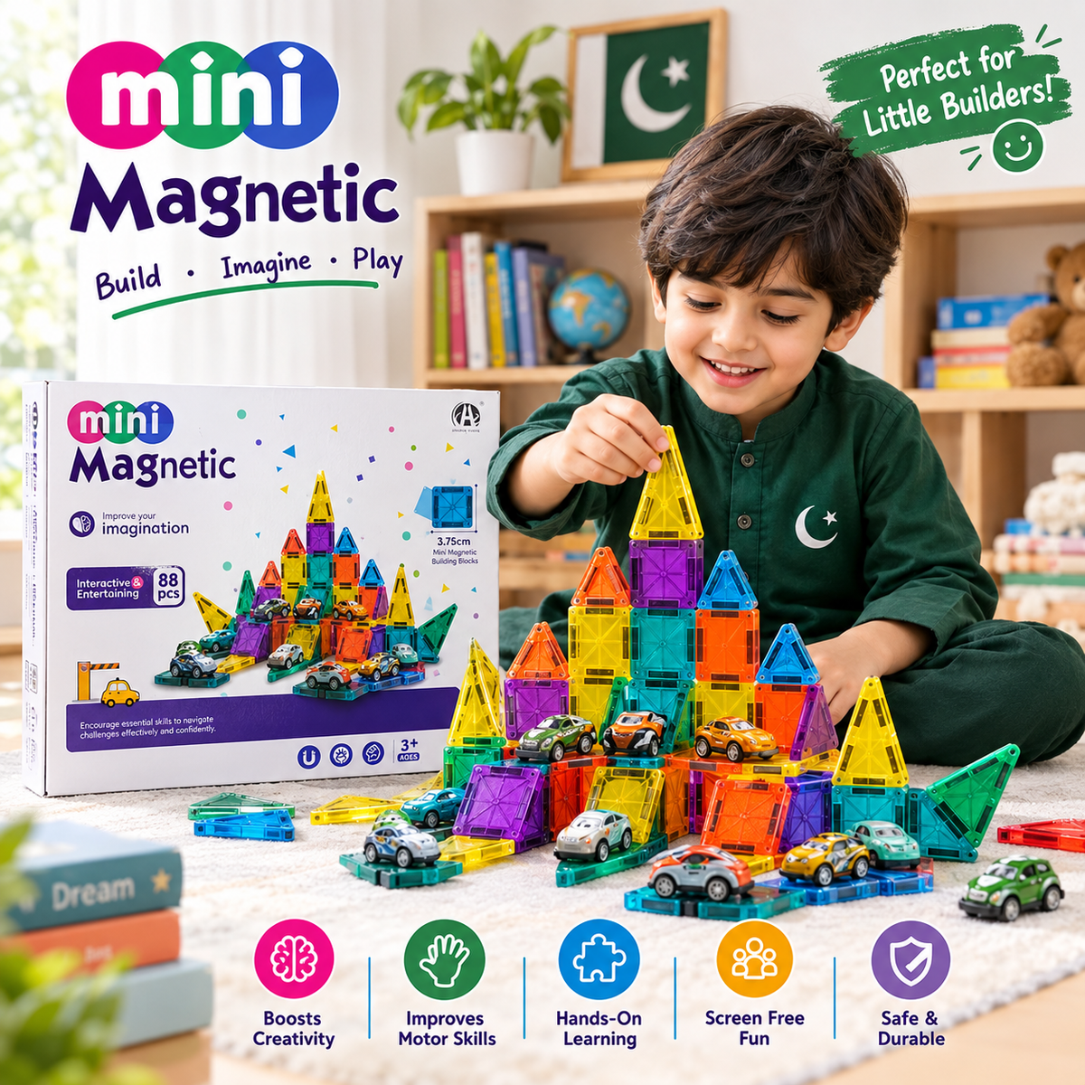 Mini Magnetic Building Blocks & Cars Set – 88 Pieces