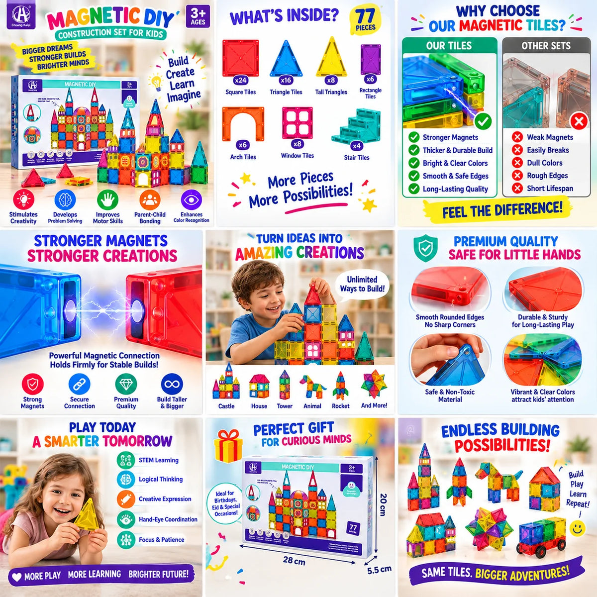 Colourful 77-piece magnetic tiles construction set for kids, with square, triangle, arch, window and stair shapes