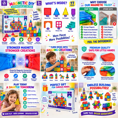 Colourful 77-piece magnetic tiles construction set for kids, with square, triangle, arch, window and stair shapes