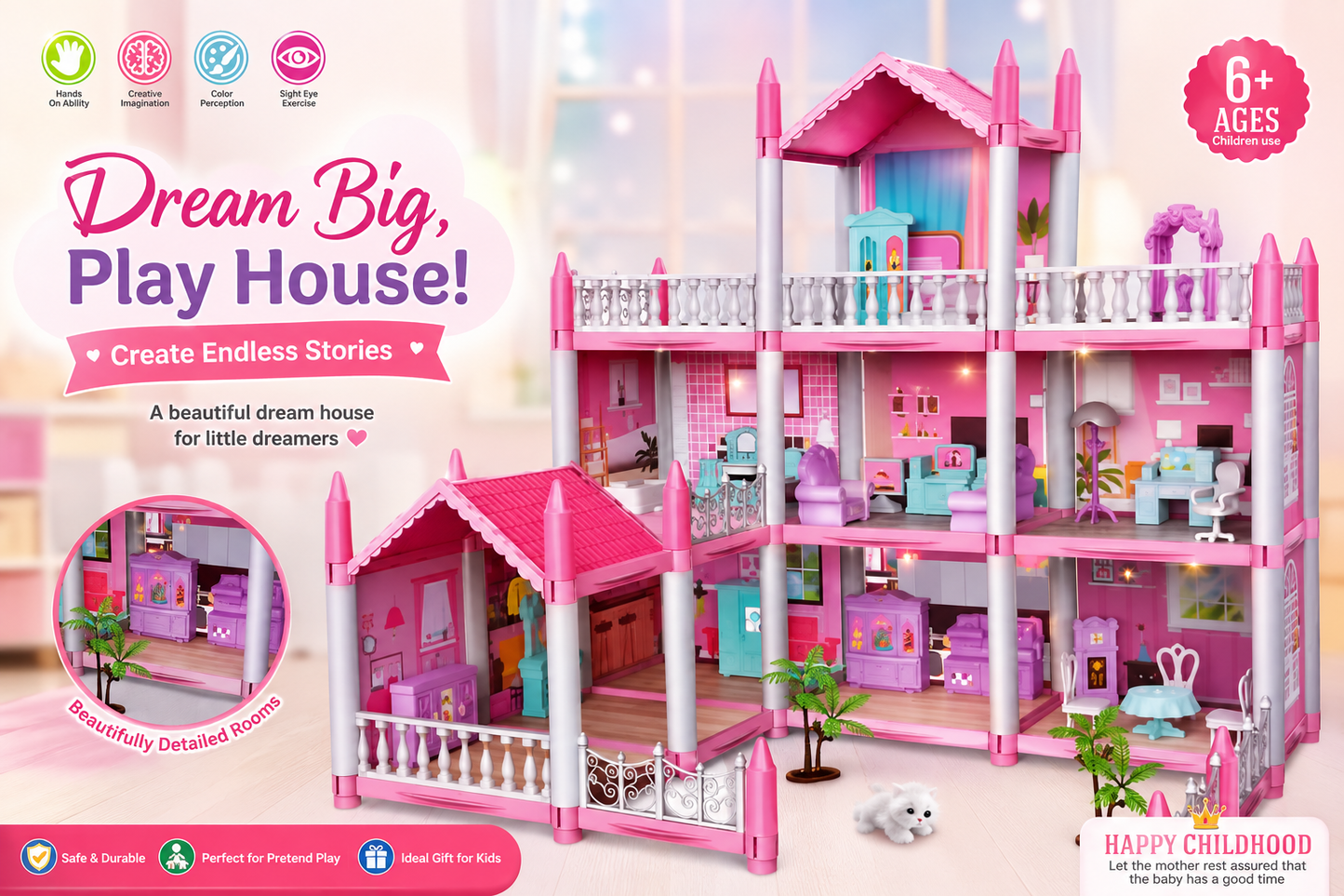 A pink and white three-story dollhouse playset with miniature furniture, small plants, and accessories, shown on a pastel background with promotional text and age badge.