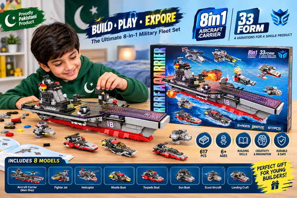 8-in-1 military fleet building block set with aircraft carrier, fighter jet, helicopter and boats, 617 pieces