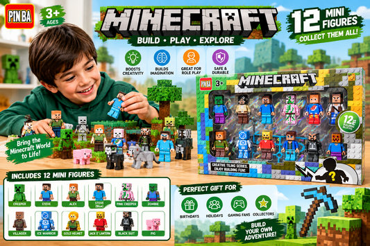 Box of 12 Minecraft mini figurines including Creeper, Steve, Alex, Zombie, Villager and Pig