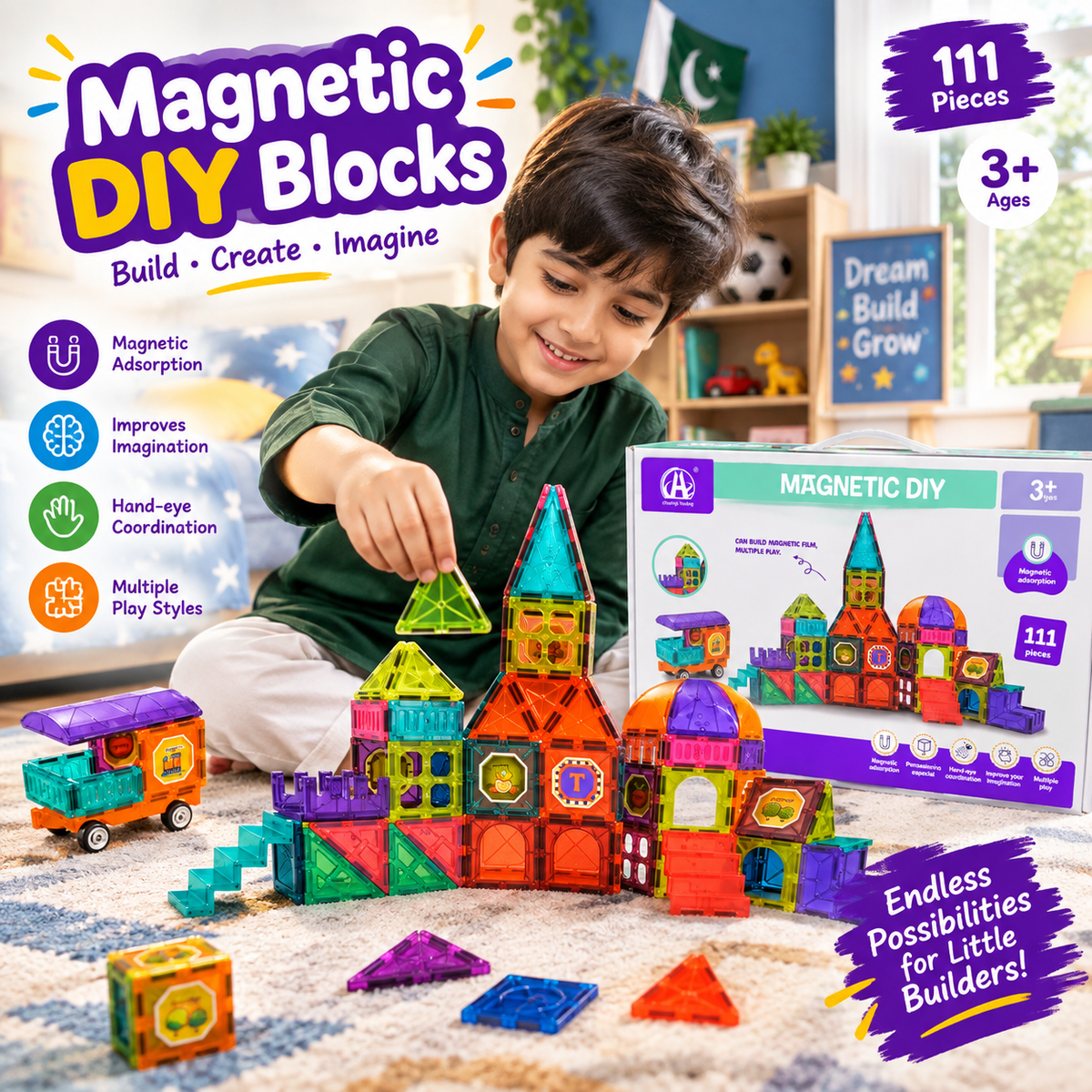 A young boy in a green shirt is playing with colorful magnetic building blocks, with his product box shown next to him. The scene includes promotional text highlighting features like magnetic adhesion, hand-eye coordination, and that the set contains 111 pieces.