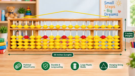 Large hanging abacus with wood frame, yellow and red counting beads, approximately 30 inches long and 7 inches high