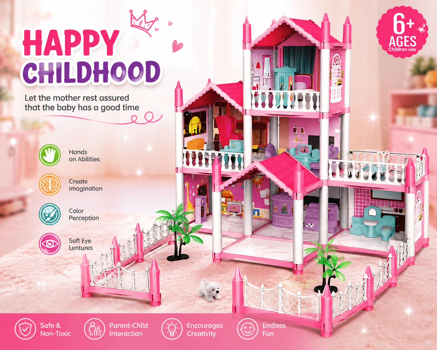 A pink and white dollhouse-style house toy with multiple rooms, balconies, small palm trees, and a fenced yard, shown on a soft pastel background with marketing text and age badge.