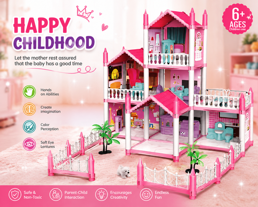 A pink and white dollhouse-style house toy with multiple rooms, balconies, small palm trees, and a fenced yard, shown on a soft pastel background with marketing text and age badge.