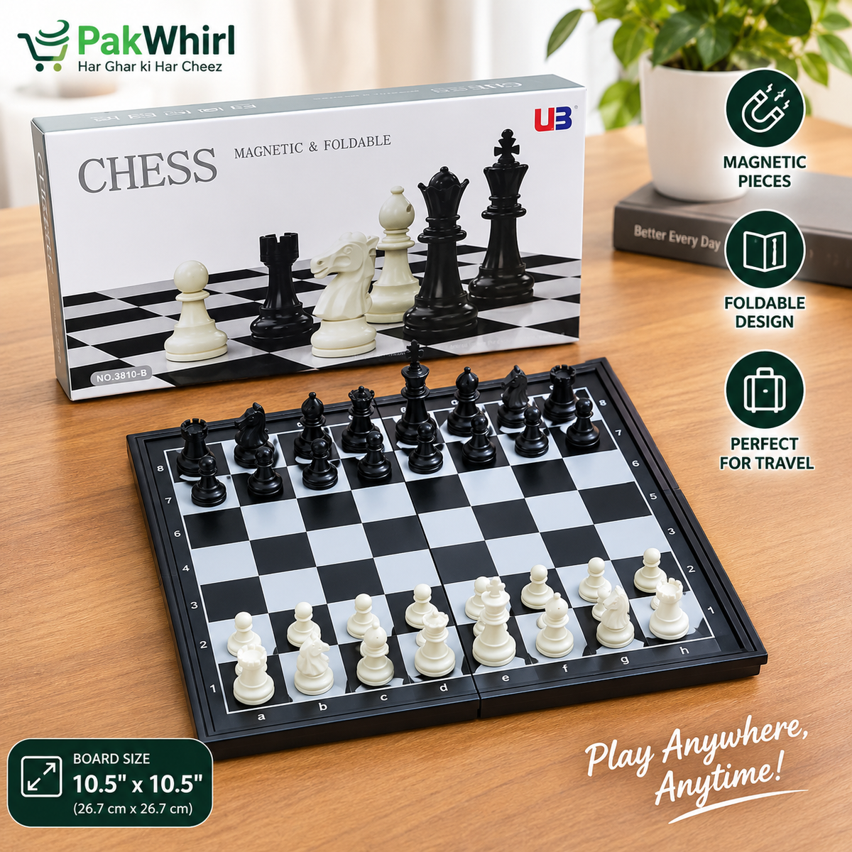 Magnetic foldable chess set with black and white pieces on a 10.5-inch board beside its packaging.