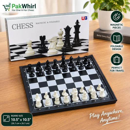 Magnetic foldable chess set with black and white pieces on a 10.5-inch board beside its packaging.