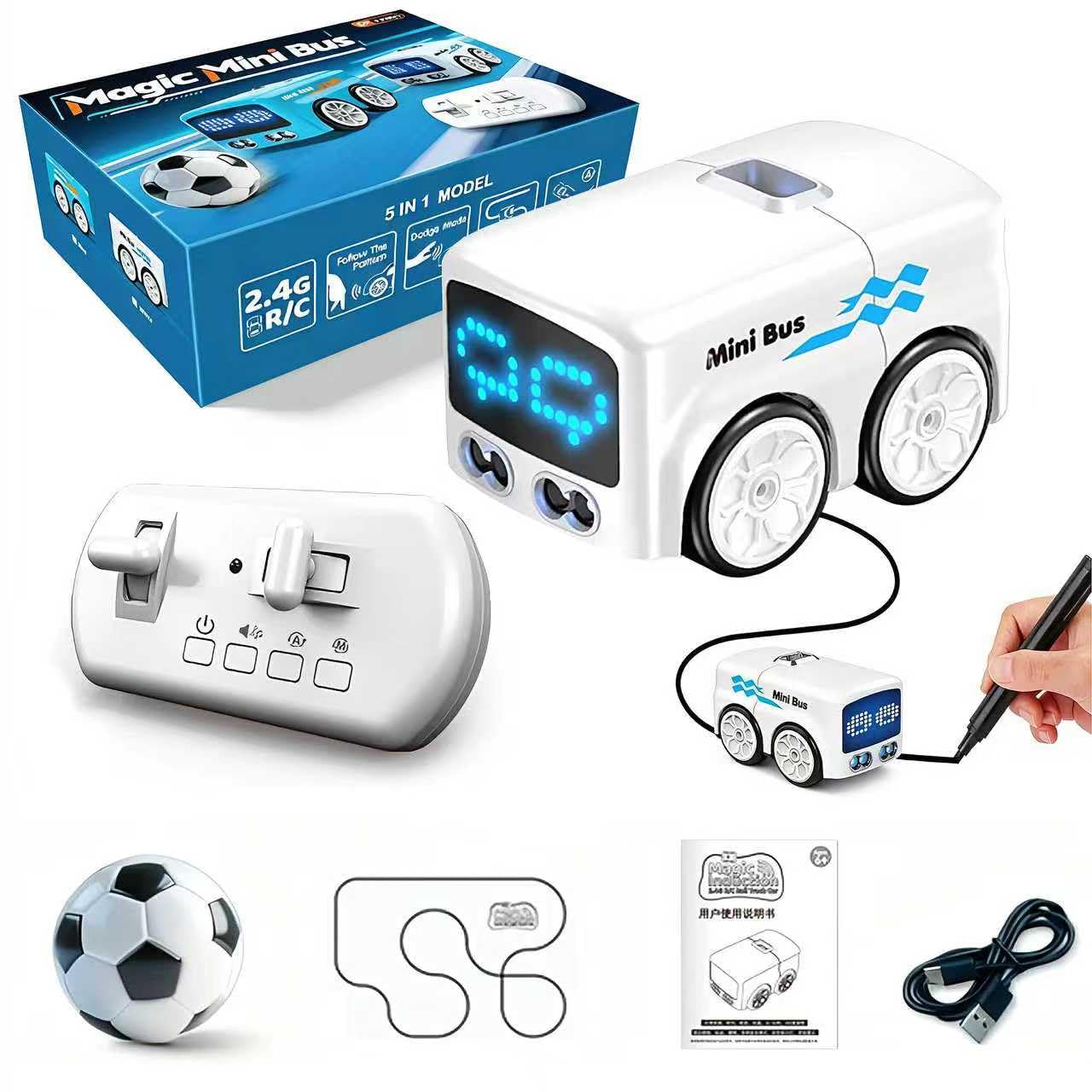 2.4GHz 5-in-1 Magic Mini Bus remote control toy with accessories including remote controller, soccer ball, induction pen, track sheet, and USB cable