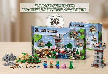 My World 582-piece adventure building block set with colourful construction pieces, character figures, trees and building scenes