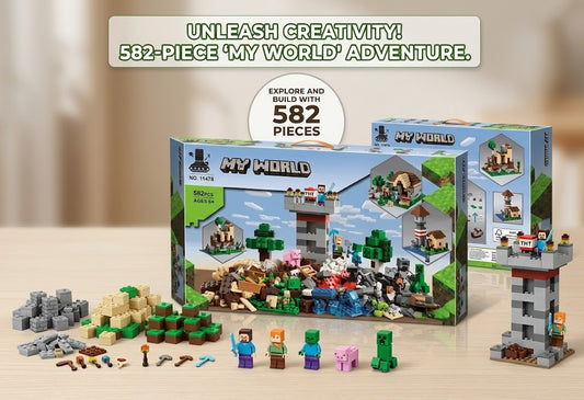 My World 582-piece adventure building block set with colourful construction pieces, character figures, trees and building scenes