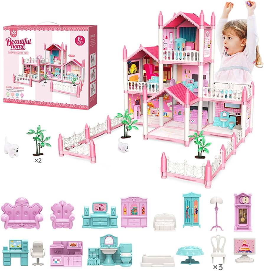 Happy Childhood 3-Storey Doll Villa Mansion Playset with Furniture & Accessories – Ages 6+ - 462-07
