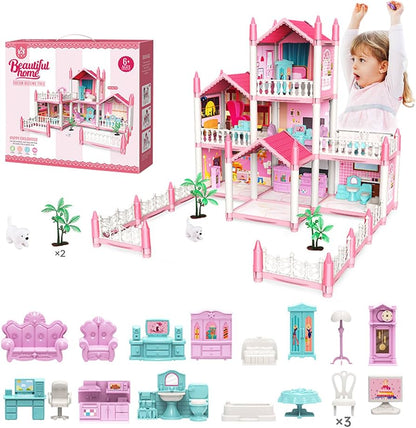 Happy Childhood 3-Storey Doll Villa Mansion Playset with Furniture & Accessories – Ages 6+ - 462-07