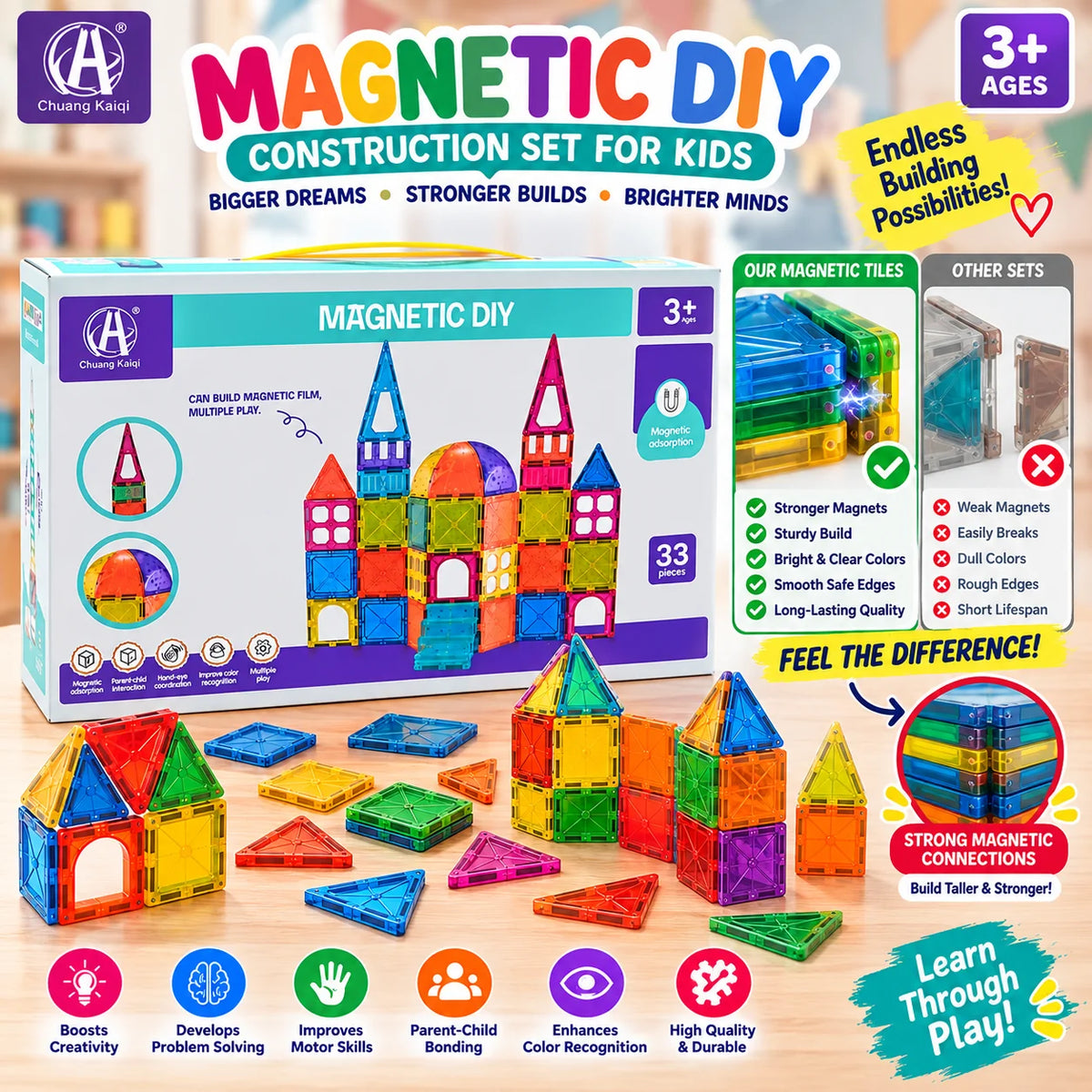 Chuang Kaiqi 33-piece magnetic DIY construction set box with colourful magnetic tiles and sample house builds