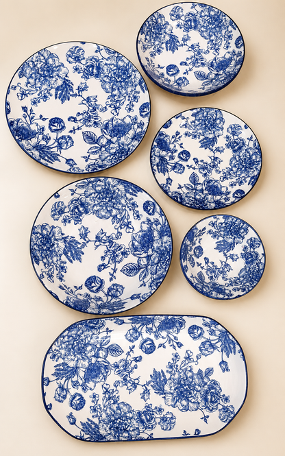28-Piece Blue Floral Fine Porcelain Dinner Set – includes dinner plates, deep plates, quarter plates, small bowls, oval serving platters and large serving bowls with intricate blue botanical toile design on white porcelain