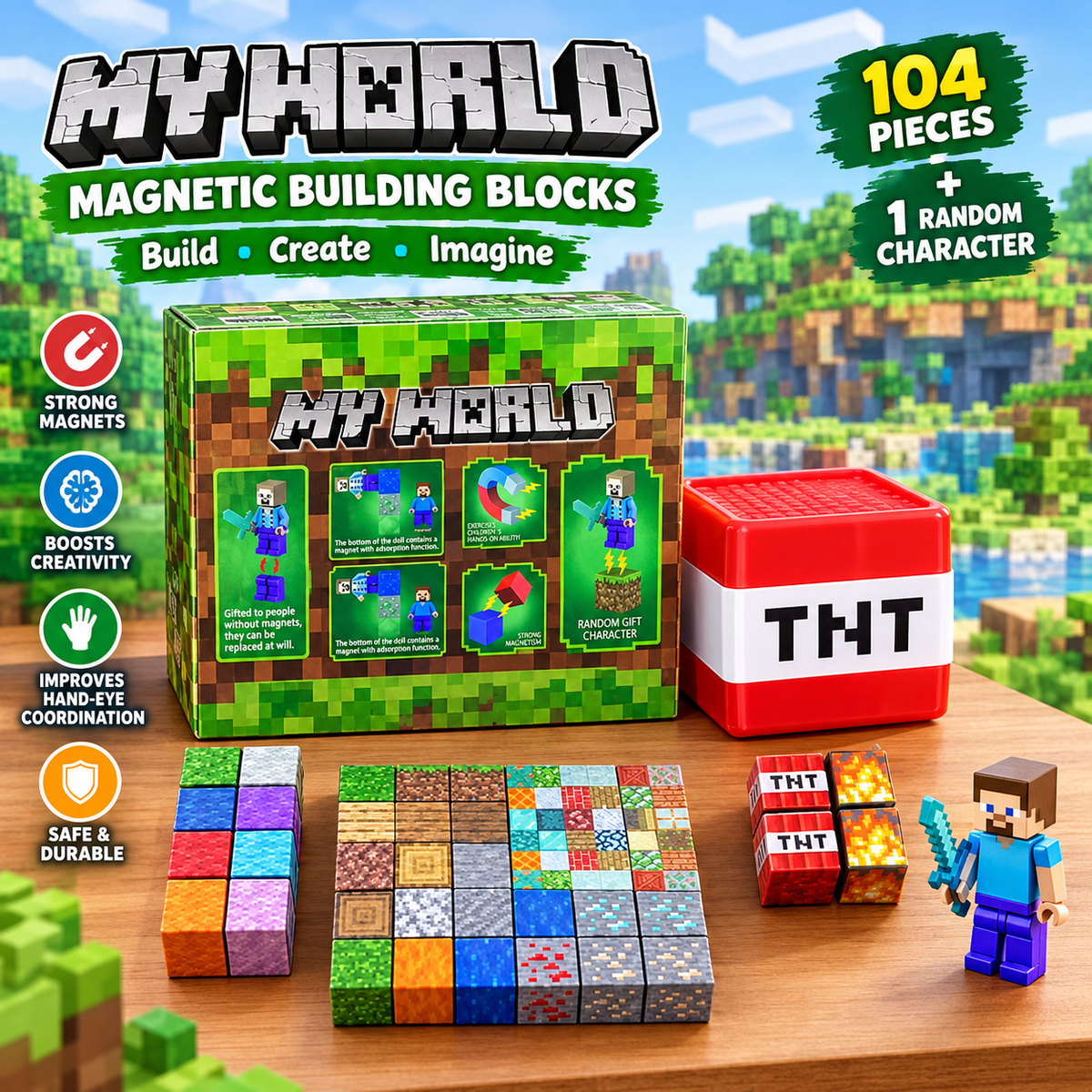 My World 104-piece magnetic building blocks set with pixel-style terrain blocks, TNT-themed blocks, packaging, and an example character.