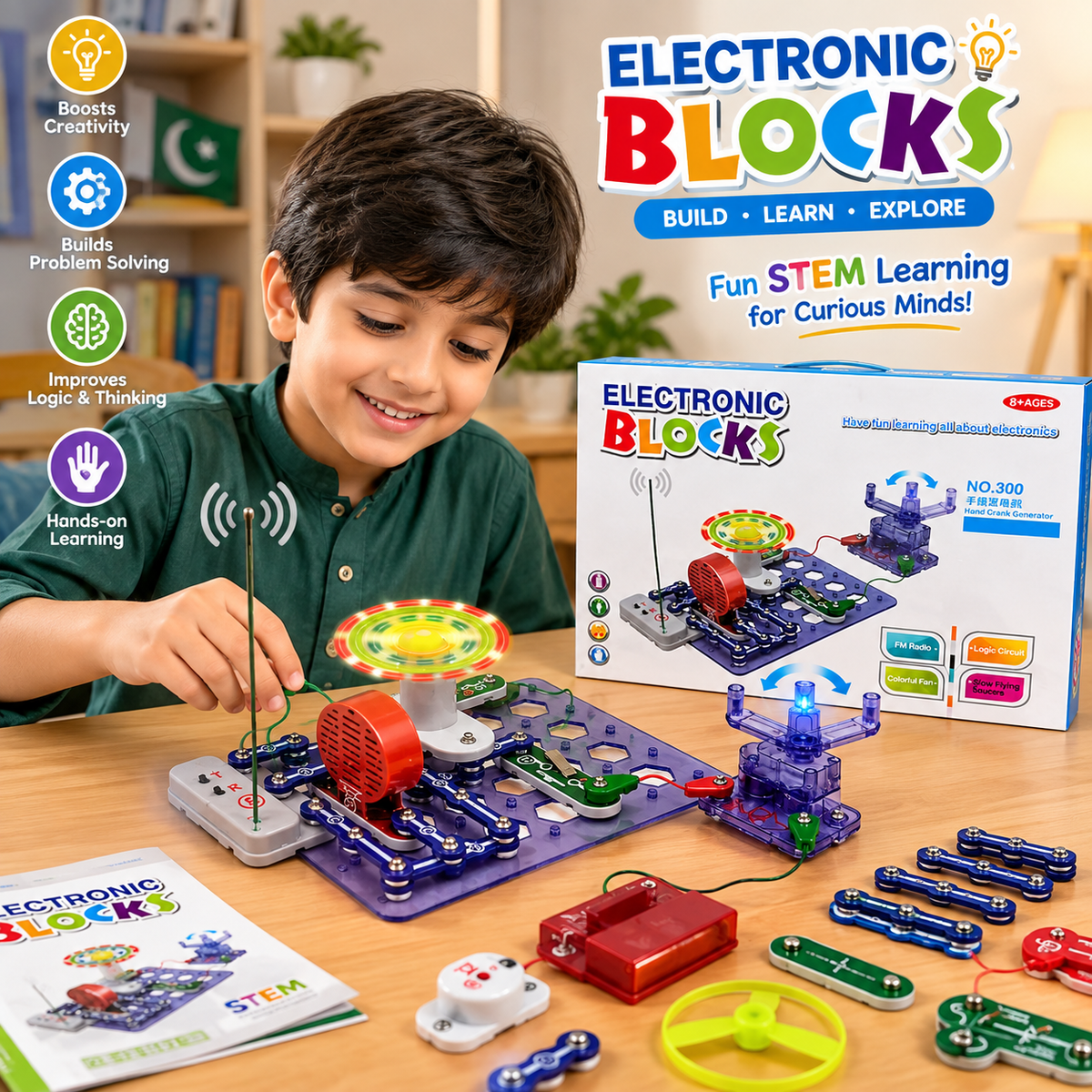 Child building with Electronics Snap Circuits Blocks kit, showing a colourful fan and electronic components