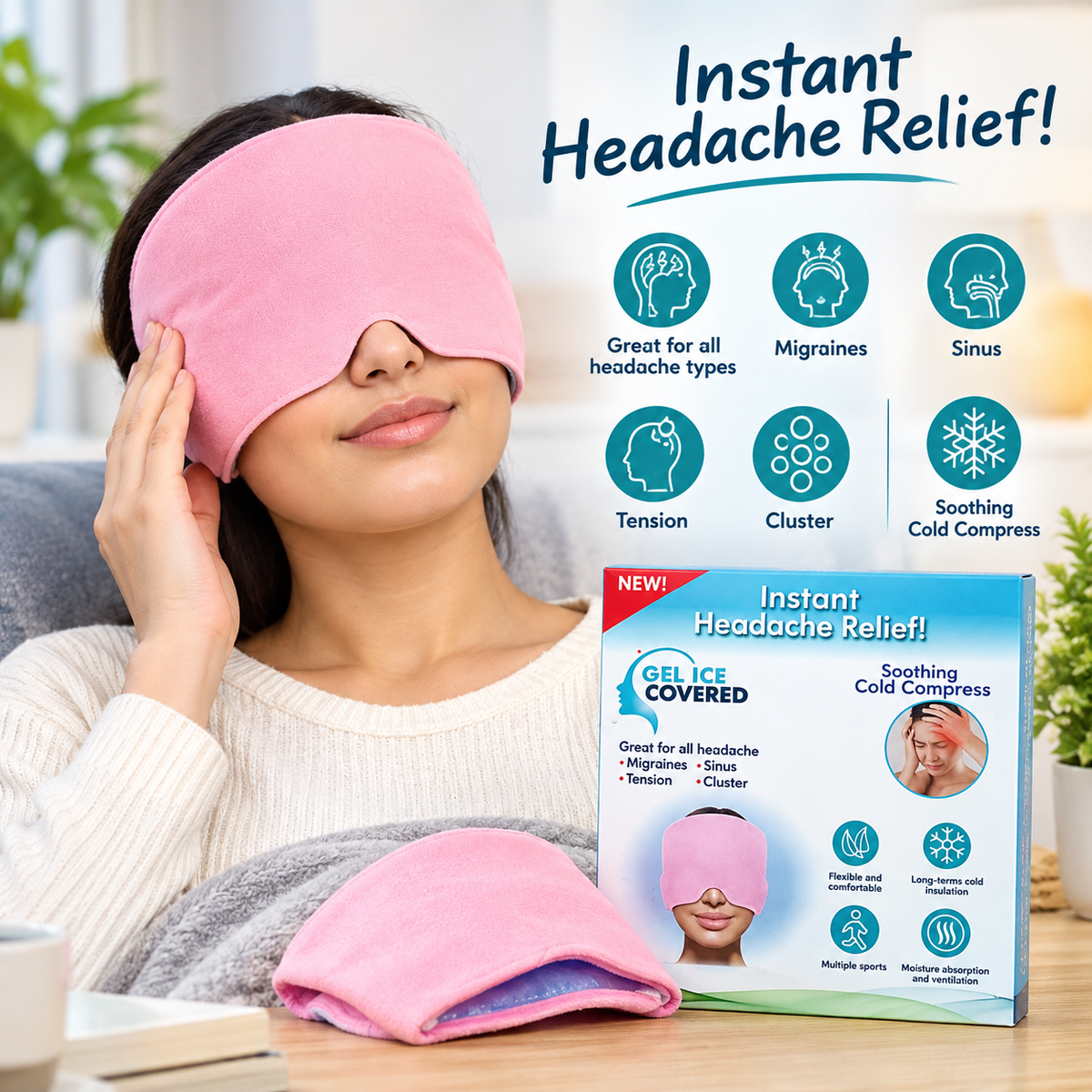 Pink gel ice headache cap covering the eyes and forehead, shown beside its cold-compress packaging.