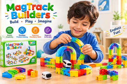 A young boy in a blue shirt is happily building with colorful MagTrack Builders toy blocks and small robot cars on a wooden table. The image includes the product packaging box, a large colorful product title graphic at the top, feature icons, and a 'Endless Fun!' badge against a bright, softly blurred indoor background.