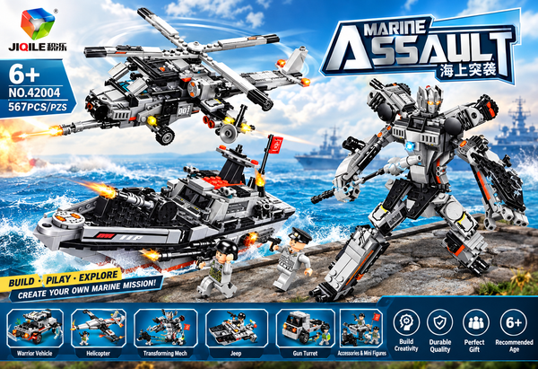 JIQILE Marine Assault 567-piece building block set with helicopter, transforming mech, boat, vehicles, gun turret and mini figures