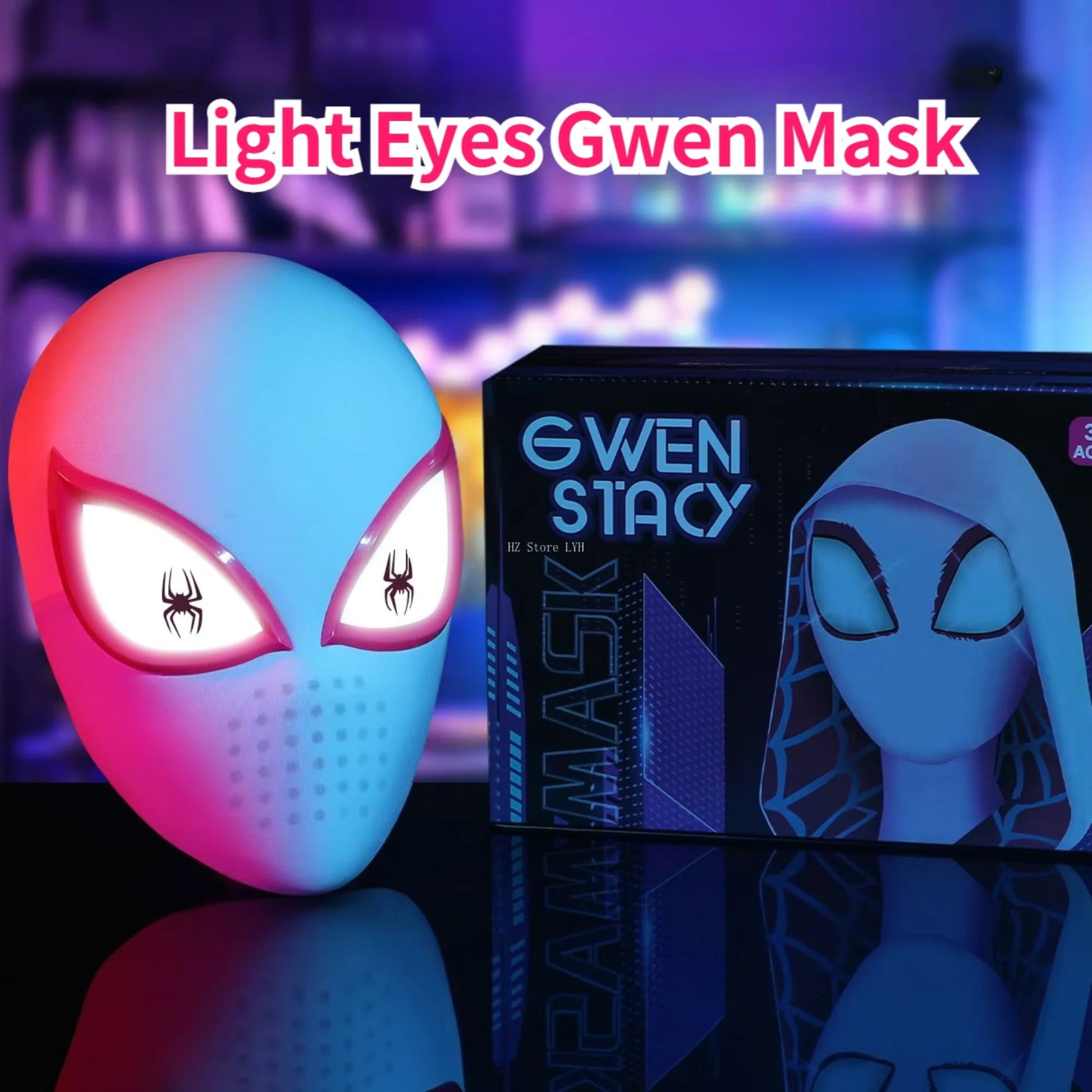 Gwen Stacy Ghost-Spider LED Light-Up Cosplay Mask with glowing eyes and collector's box