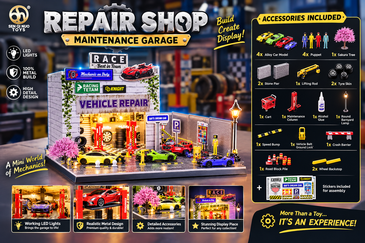 Sen Qiu Repair Shop Maintenance Garage DIY model kit with LED lights, cars and accessories