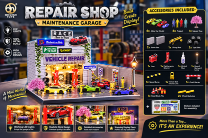 Sen Qiu Repair Shop Maintenance Garage DIY model kit with LED lights, cars and accessories
