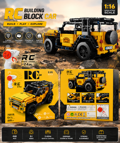 RC Building Block Land Defender SUV 1:16 scale yellow 446 pieces with 2.4GHz remote control