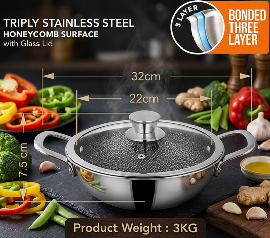 Triply Stainless Steel Honeycomb Wok Karhai (Karahi) with Glass Lid – Non-Stick Surface (26cm–32cm)