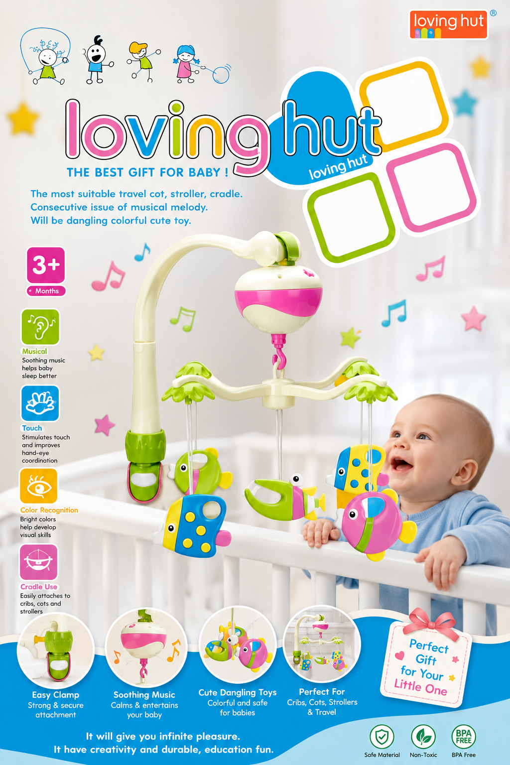 Loving Hut Musical Baby Crib Mobile with Rotating Hanging Toys – Colorful Sensory Infant Toy (3+ Months)