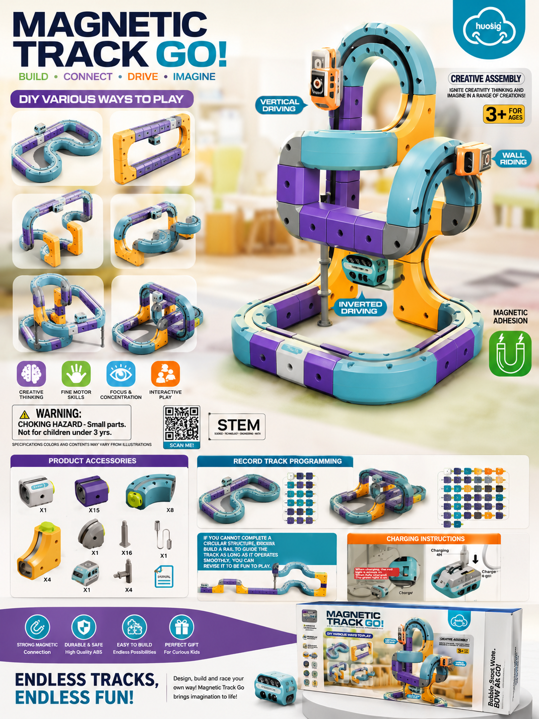 Magnetic Track Go! DIY magnetic building track set with 1 motorized magnetic car, showing loop, wall riding and inverted driving configurations