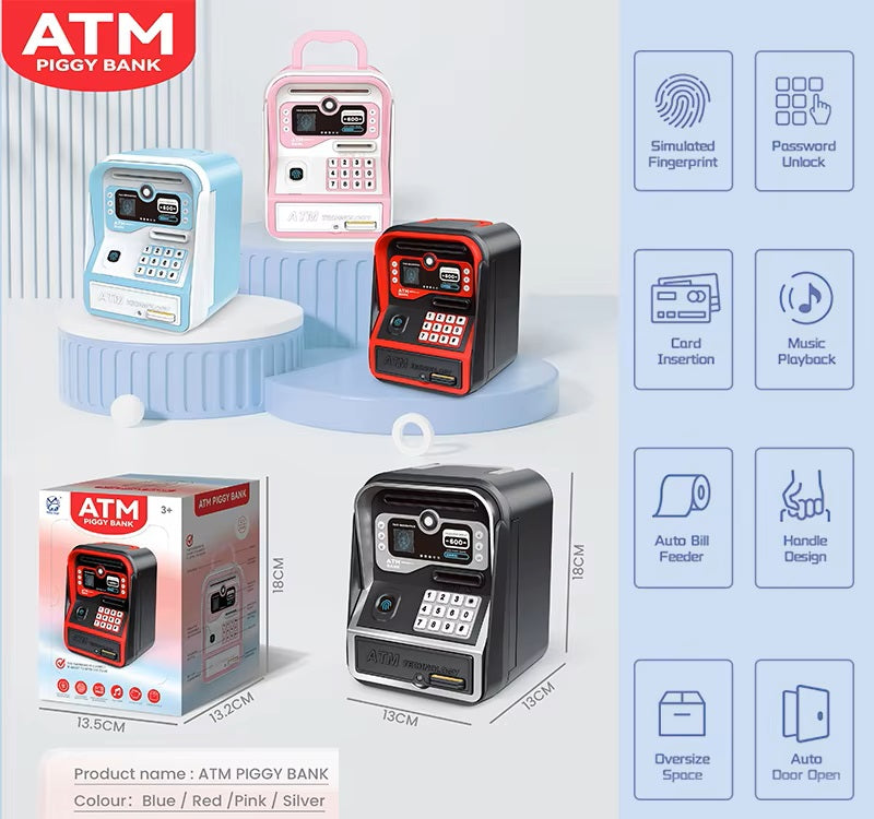 ATM Piggy Bank Money Safe for Kids – Fingerprint & Password Lock, Card Insert, Auto Bill Feeder