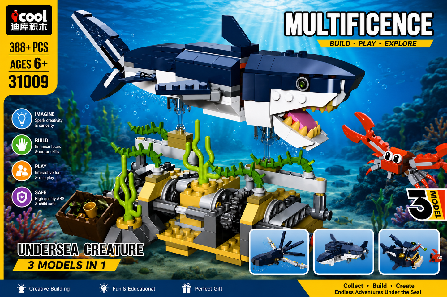 iCool Multificence 31009 Undersea Creature 3-in-1 Building Set – 388+ pieces featuring shark, crab, fighter jet models