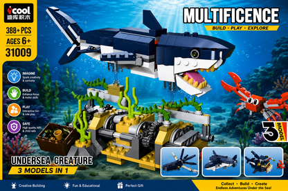 iCool Multificence 31009 Undersea Creature 3-in-1 Building Set – 388+ pieces featuring shark, crab, fighter jet models
