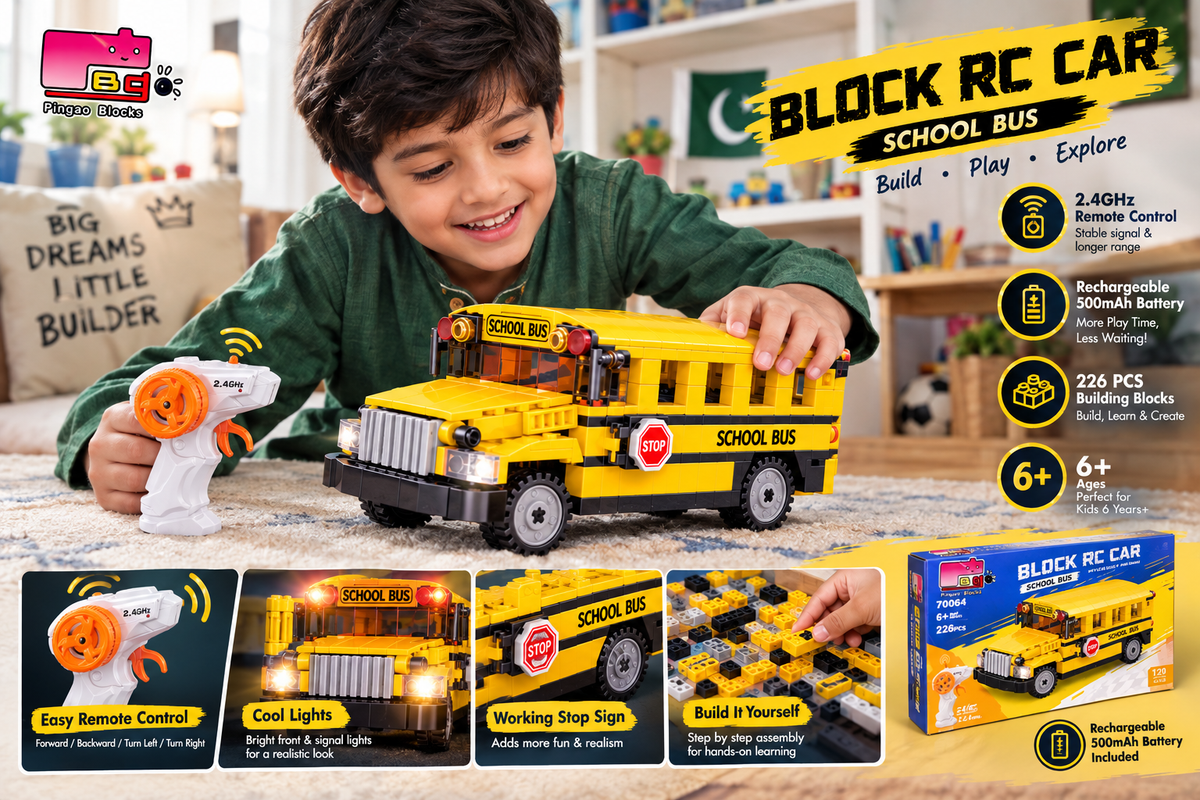 A young boy in a green shirt plays with a yellow school bus building block set and an orange remote control in a brightly lit room. The image includes product features, age icons, and a product box on a colorful promotional layout.