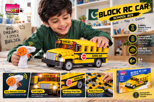A young boy in a green shirt plays with a yellow school bus building block set and an orange remote control in a brightly lit room. The image includes product features, age icons, and a product box on a colorful promotional layout.